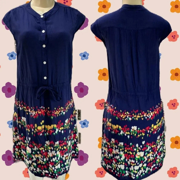 Old Navy M Navy Floral Print Button Neck Drawstring Waist Sleeveless Short Dress - Picture 1 of 5
